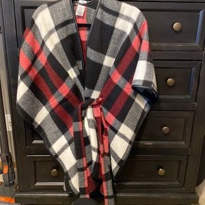 Red, black and white belted poncho
